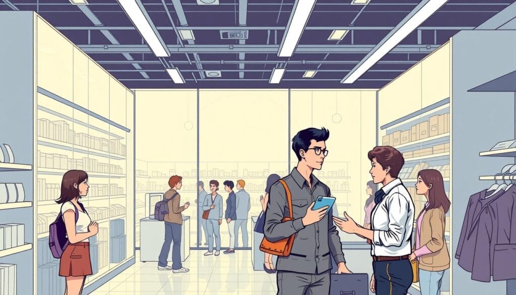 Generate an image of a retail store with AI-powered sales associates assisting customers.