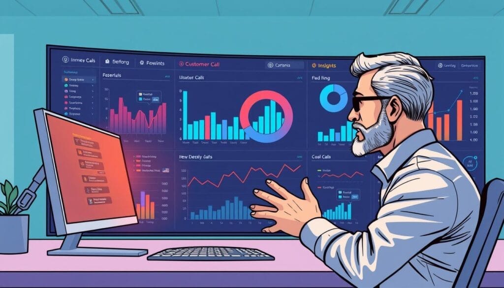 Generate an image of a sales manager analyzing customer call data on a dashboard, with AI-generated insights highlighted.