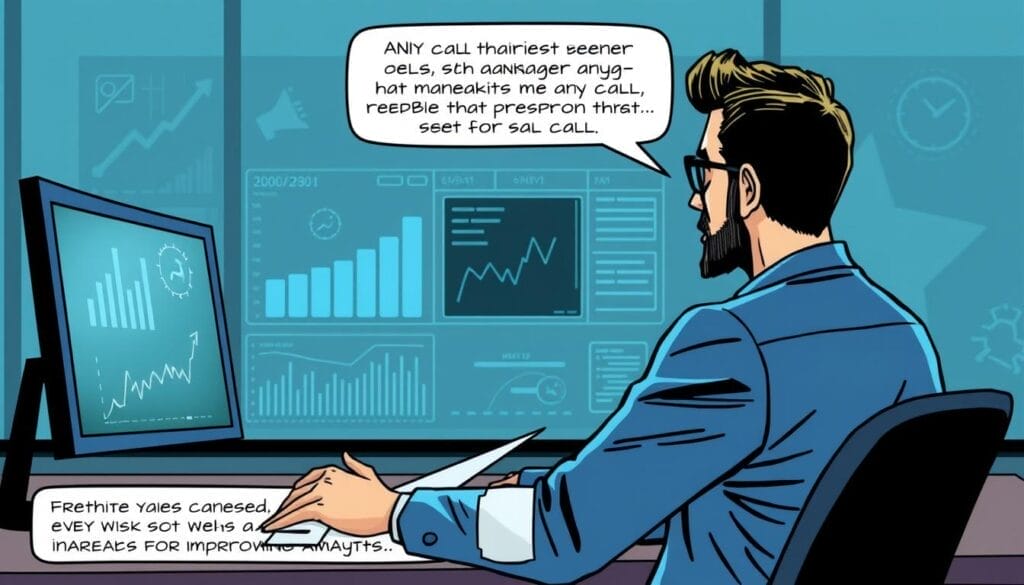 Generate an image of a sales manager reviewing call analytics and feedback on a sales call, with AI-driven insights on areas for improvement.