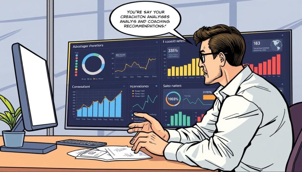 Generate an image of a sales manager reviewing conversation analytics and coaching recommendations on a dashboard.