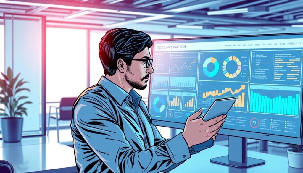 Generate an image of a sales manager reviewing conversation intelligence data on a dashboard.