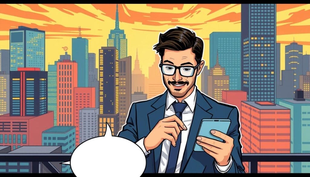 Generate an image of a sales professional accessing SC Training on a mobile device, with a background of a cityscape.