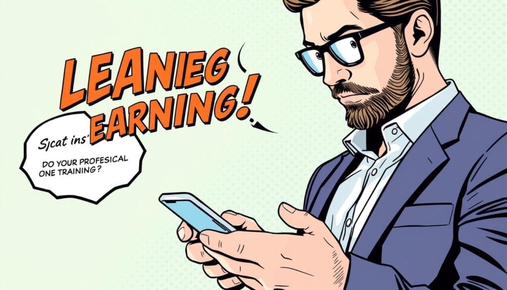 Generate an image of a sales professional accessing a training module on their smartphone
