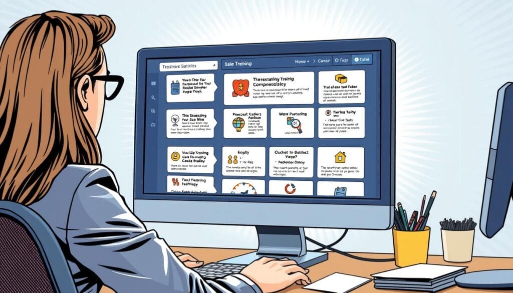 Generate an image of a sales professional accessing training content on their computer, with a friendly interface displaying relevant sales tips.