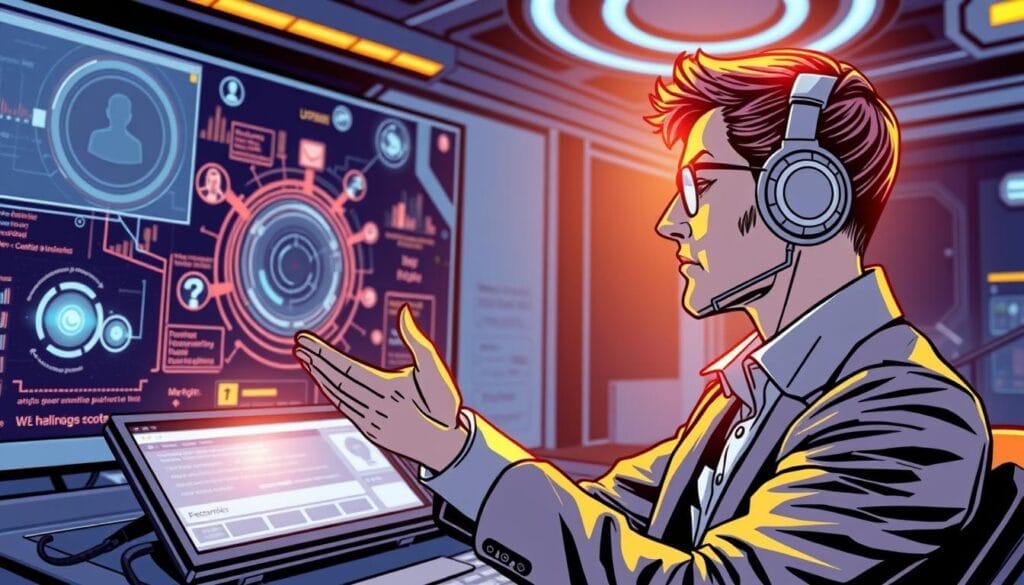 Generate an image of a sales professional engaging in AI-powered role-play training with Hyperspace