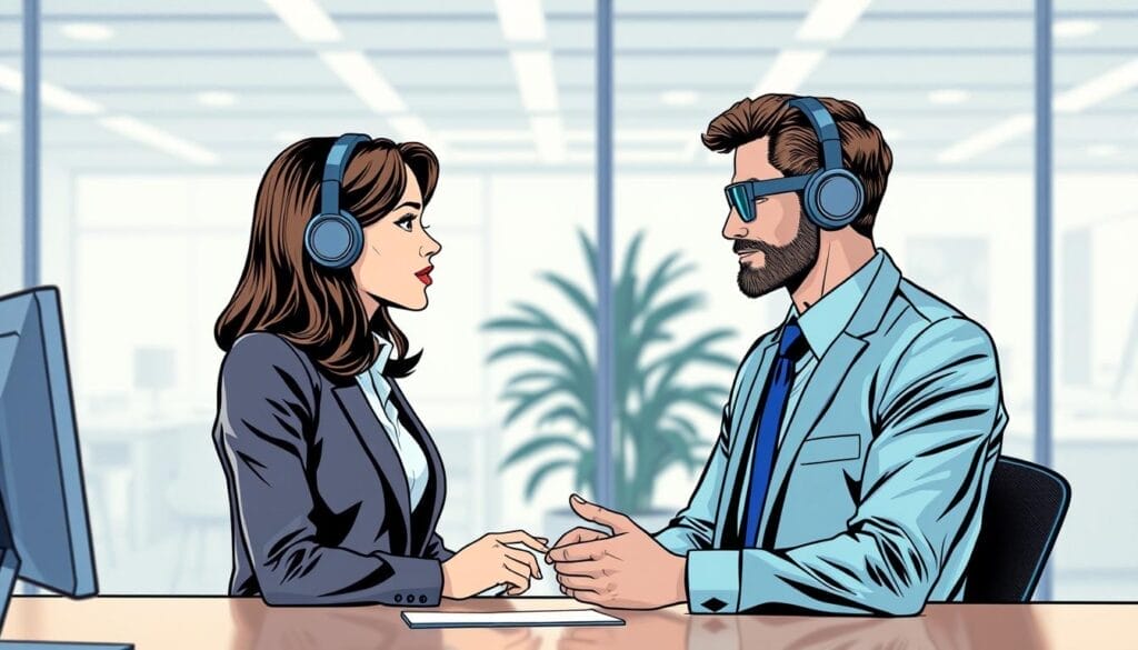 Generate an image of a sales professional engaging in a realistic sales conversation with an AI-powered avatar.