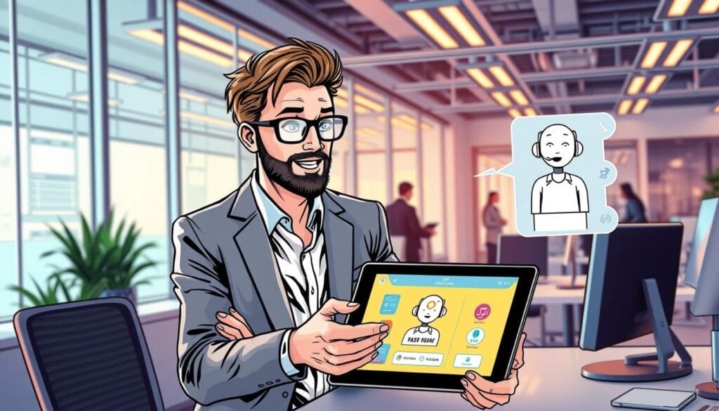 Generate an image of a sales professional interacting with an AI assistant on a tablet.
