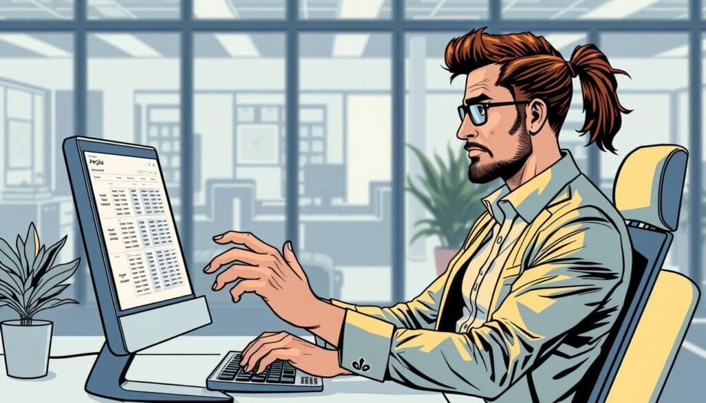 Generate an image of a sales professional using Apollo on their computer to analyze lead data.