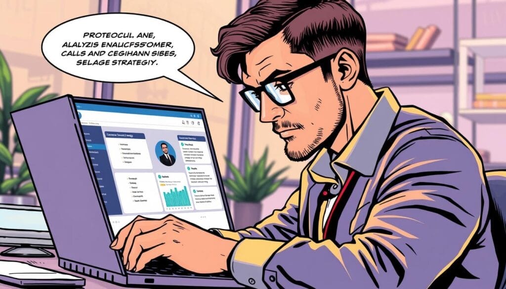 Generate an image of a sales professional using Chorus AI by ZoomInfo on their laptop to analyze customer calls and improve sales strategies.
