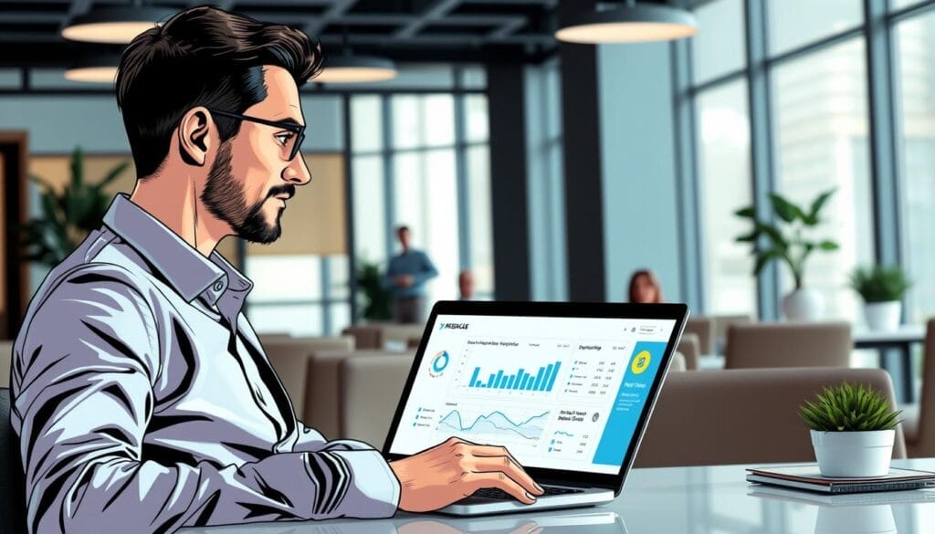 Generate an image of a sales professional using Hyperspace AI sales training on a laptop, with a friendly interface and analytics dashboard visible.
