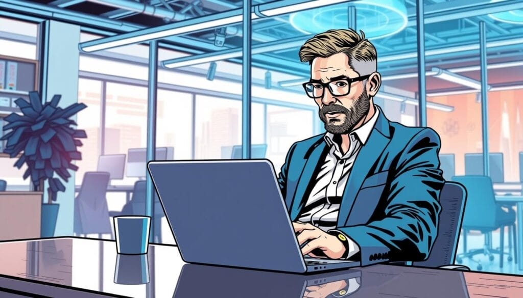 Generate an image of a sales professional using Hyperspace AI sales training platform on a laptop