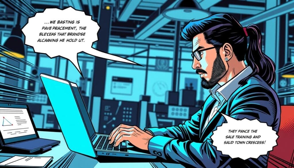 Generate an image of a sales professional using Hyperspace AI sales training platform on a laptop.