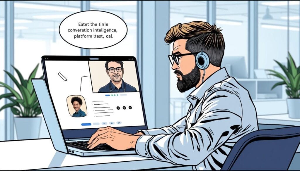 Generate an image of a sales professional using MeetGeek's conversation intelligence platform on a laptop.
