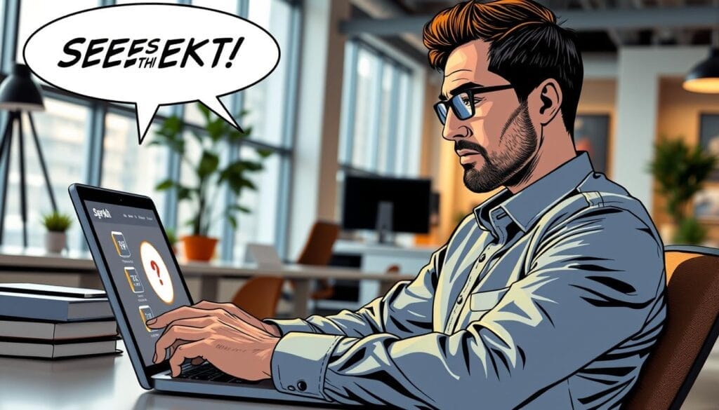 Generate an image of a sales professional using Spekit AI sales training software on a laptop.