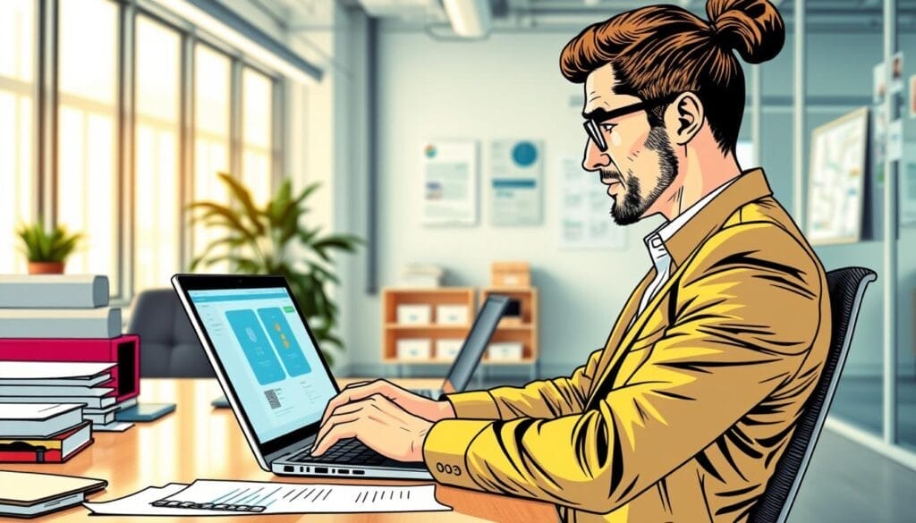 Generate an image of a sales professional using Trell, AI sales training tool on a laptop.