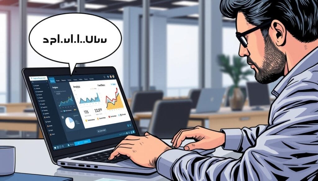 Generate an image of a sales professional using Trellus.AI on a laptop, with analytics and feedback on the screen.