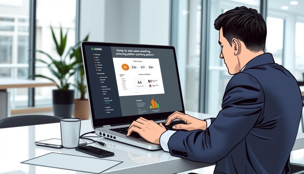Generate an image of a sales professional using a laptop with Gong's sales coaching platform on the screen.