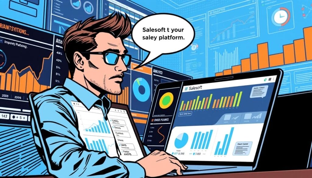 Generate an image of a sales professional using a laptop with the Salesloft platform on the screen, surrounded by analytics charts and graphs.