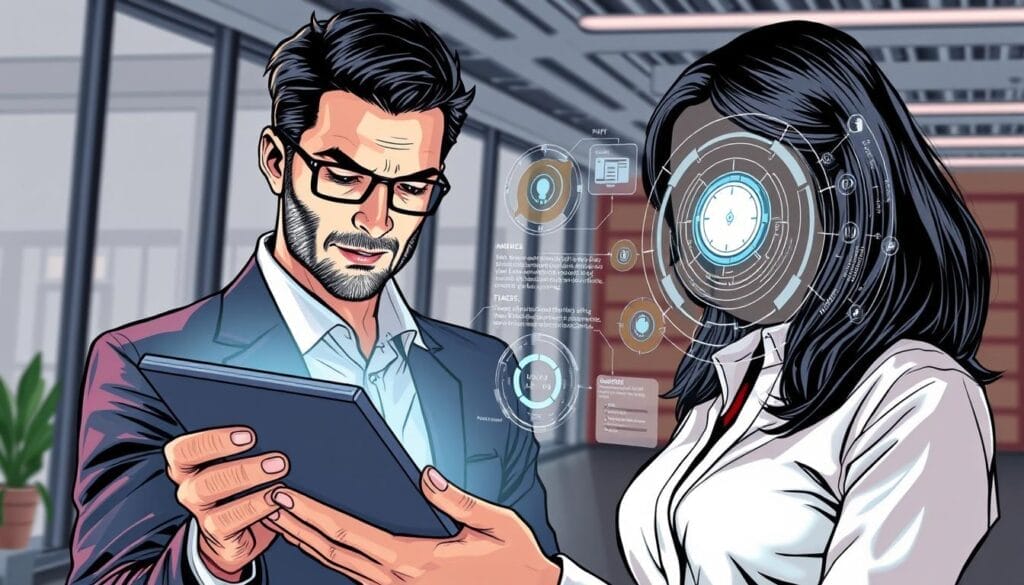 Generate an image of a sales professional, using a tablet with a futuristic AI interface