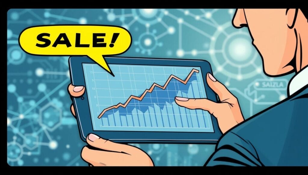 Generate an image of a sales professional using a tablet with a graph showing sales growth, with a subtle background hint of AI elements like neural networks.