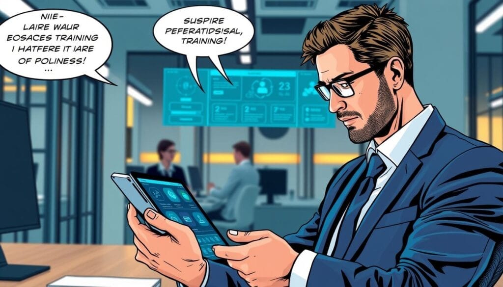 Generate an image of a sales professional using a tablet with an AI sales training platform interface