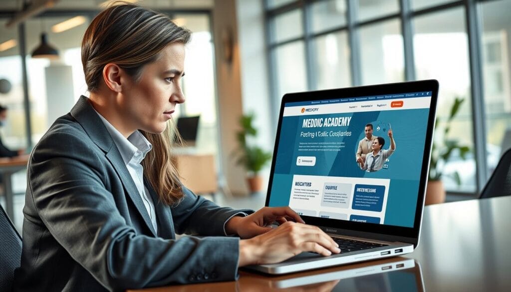 Generate an image of a sales professional working on a laptop with a MEDDIC Academy webpage open.