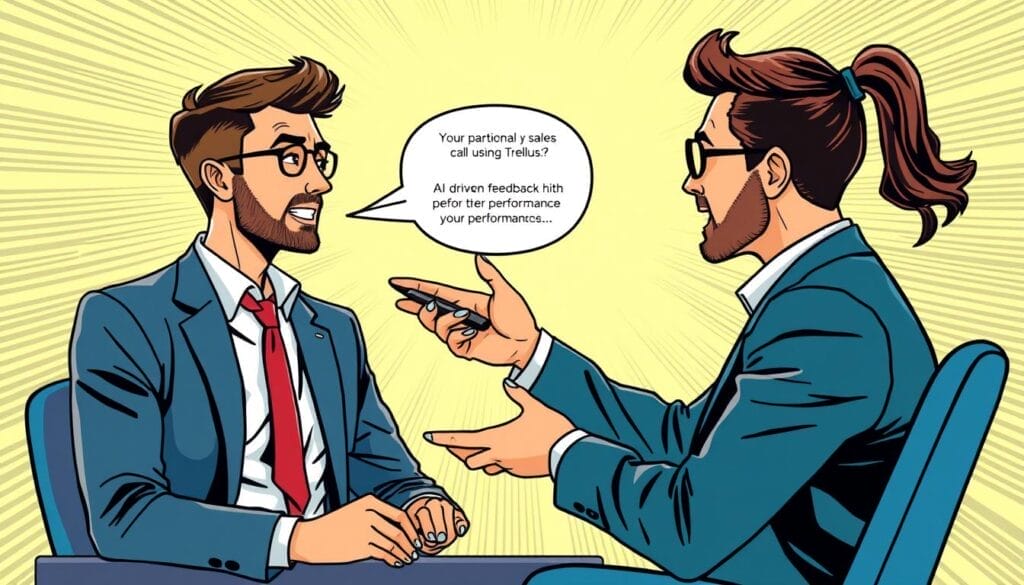 Generate an image of a sales rep practicing a sales call with Trellus, with AI-powered feedback on their performance.