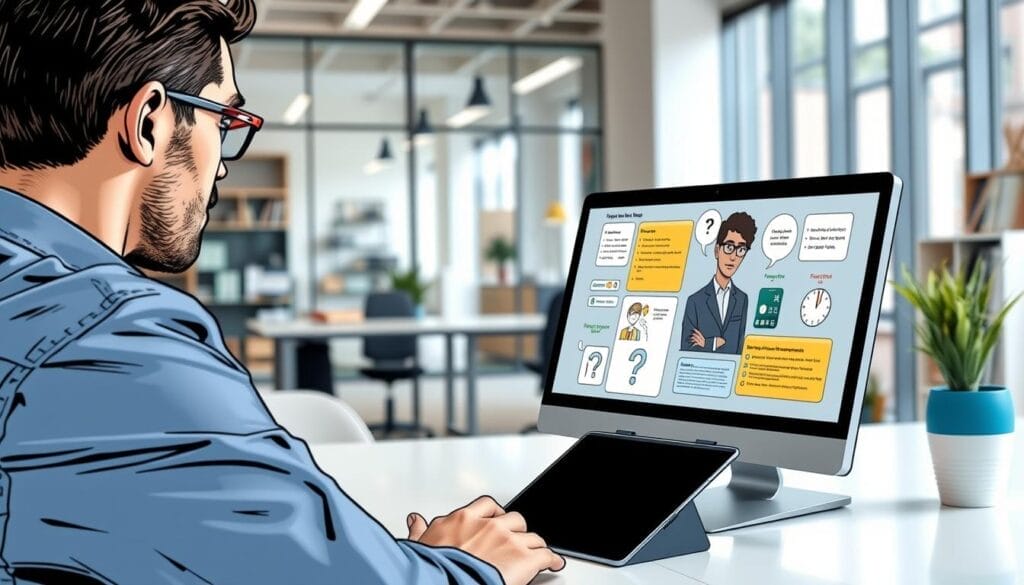 Generate an image of a sales rep practicing a sales pitch with an AI-powered role-play tool.