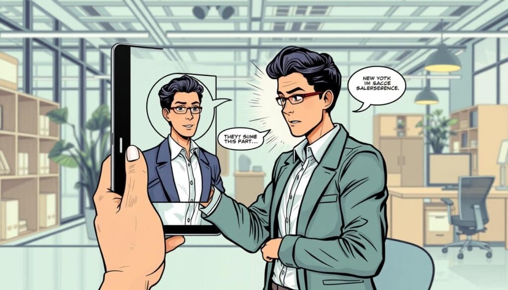 Generate an image of a sales rep using Regie AI to create a personalized messaging sequence on their tablet.