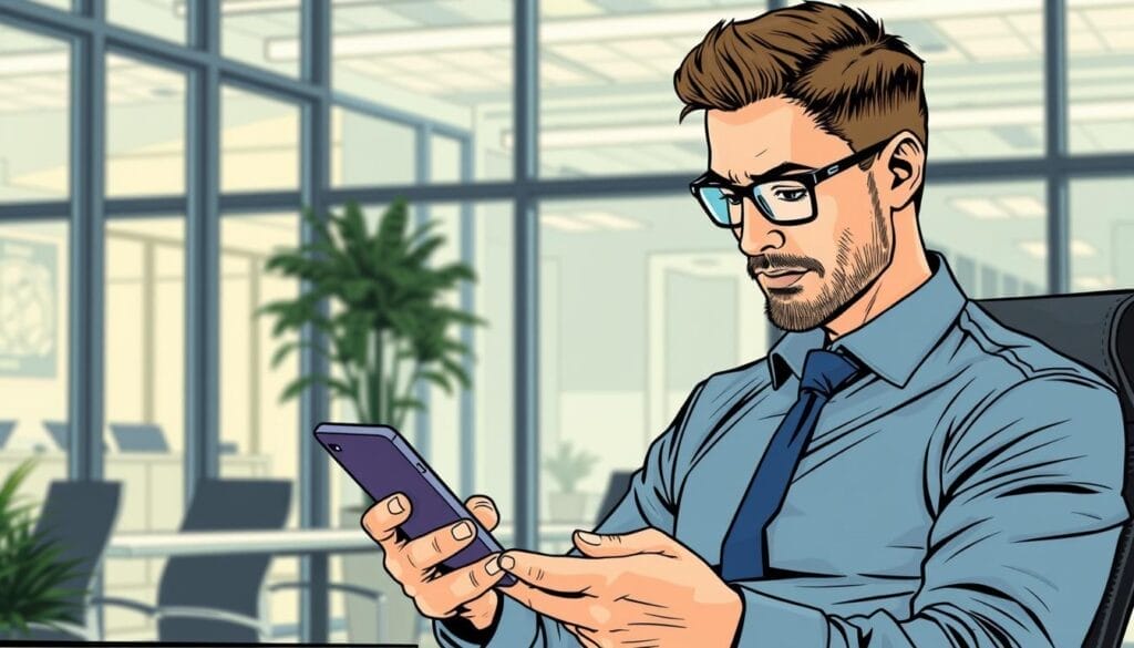 Generate an image of a sales representative accessing bite-sized training content on their mobile device.