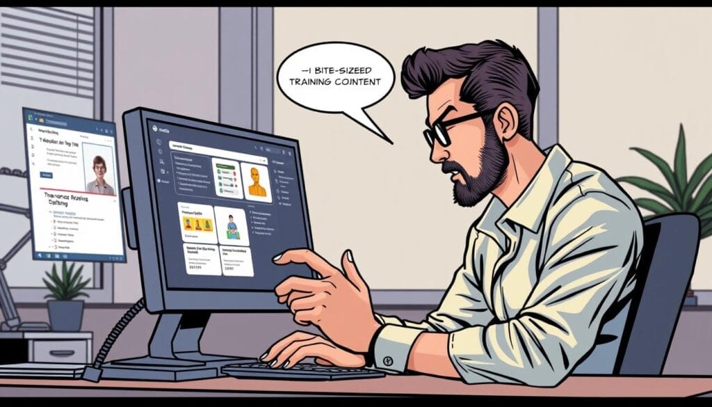 Generate an image of a sales representative accessing bite-sized training content on their computer, with a workflow interface in the background.
