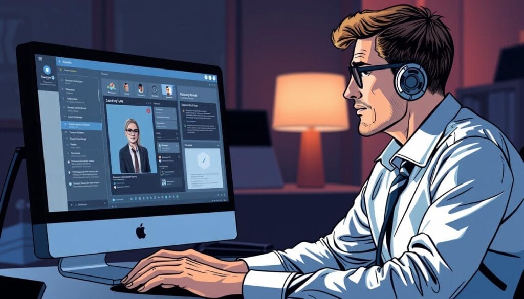 Generate an image of a sales representative engaging in a customizable AI roleplay simulation on their computer.