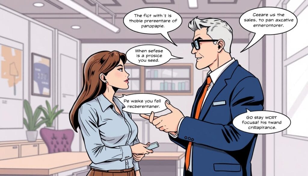 Generate an image of a sales representative engaging in a realistic role-play scenario with an AI-powered avatar.