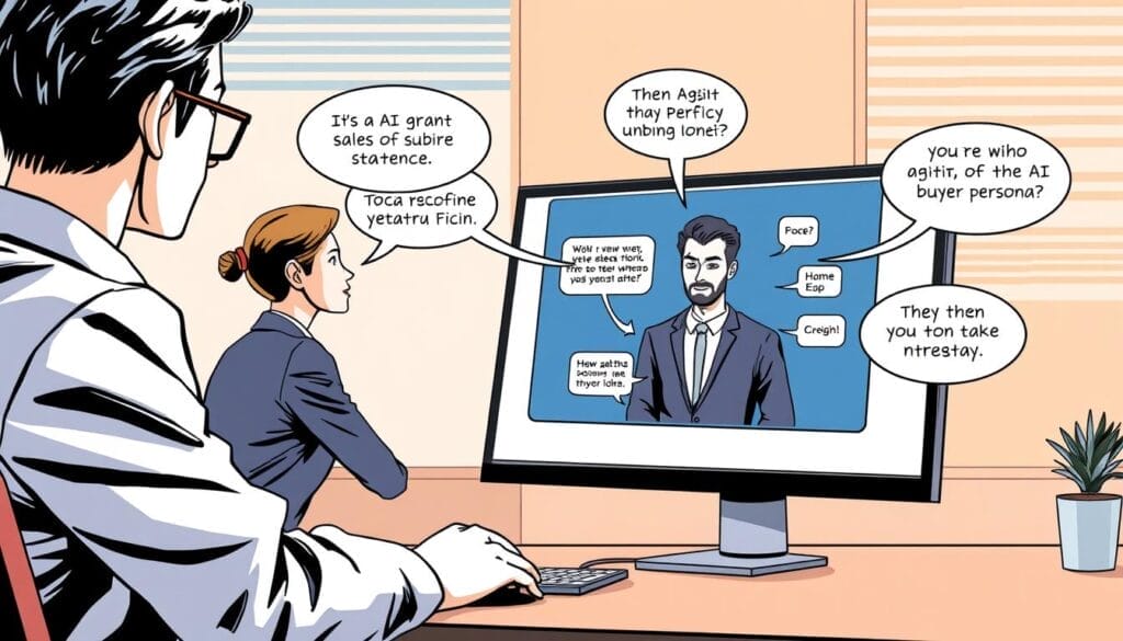 Generate an image of a sales representative engaging in a role-play conversation with an AI-powered buyer persona on a computer screen.