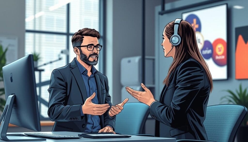 Generate an image of a sales representative engaging in a simulated sales conversation with an AI-powered avatar.