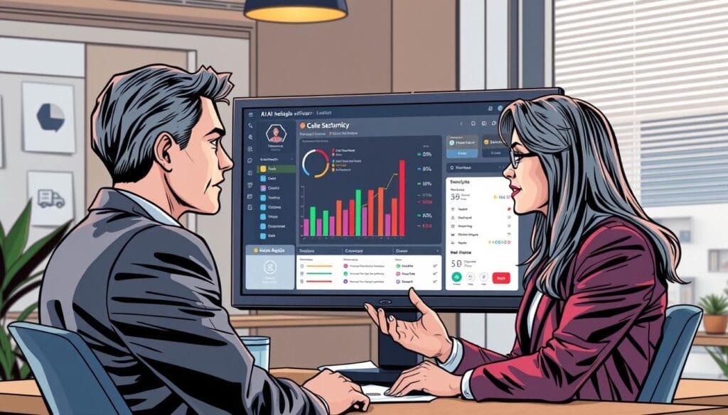Generate an image of a sales representative having a conversation with a customer, with AI-powered call analysis software on the screen.