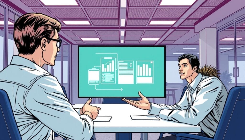Generate an image of a sales representative practicing a pitch with Retorio's AI-driven simulation.