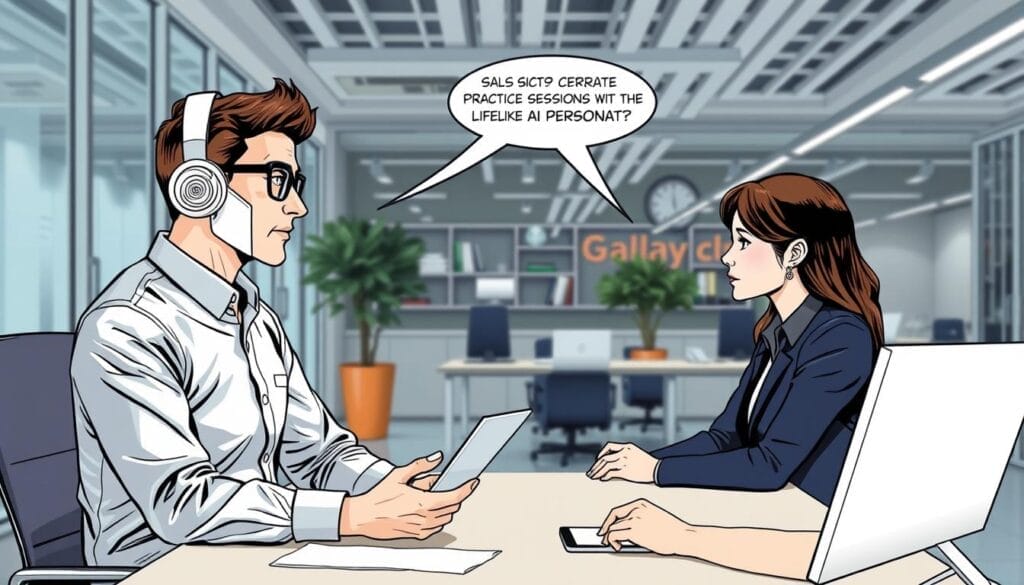 Generate an image of a sales representative practicing with an AI persona