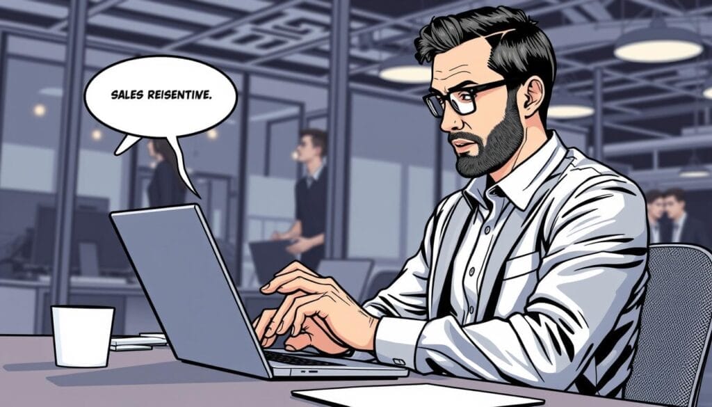 Generate an image of a sales representative using Expandi.io on a laptop