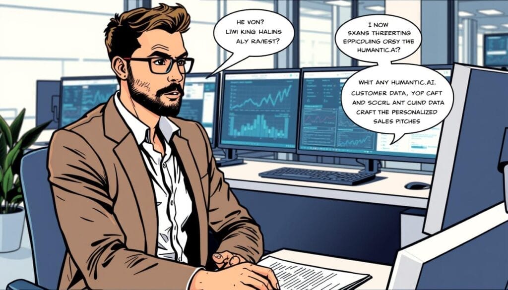 Generate an image of a sales representative using Humantic.ai to analyze customer data and create personalized sales pitches.