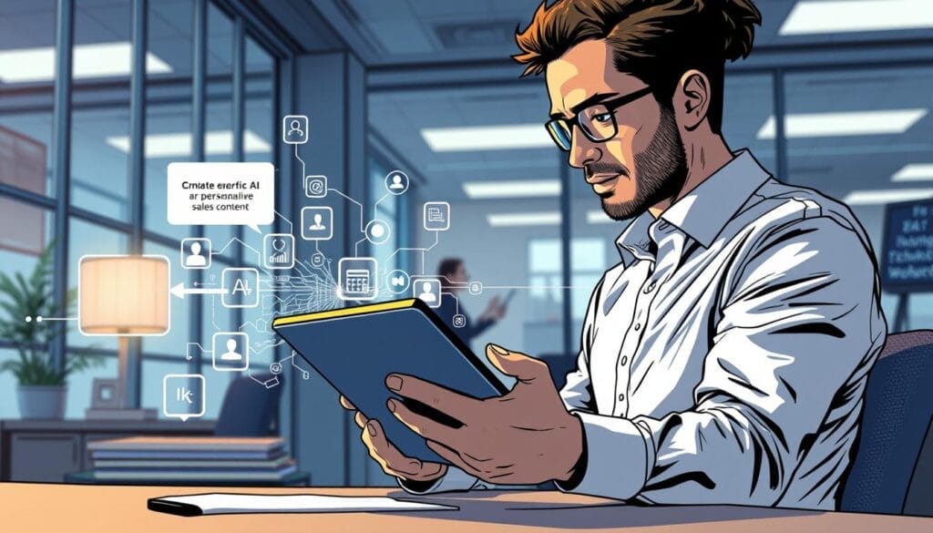 Generate an image of a sales representative using a tablet to create personalized sales content with the help of generative AI.