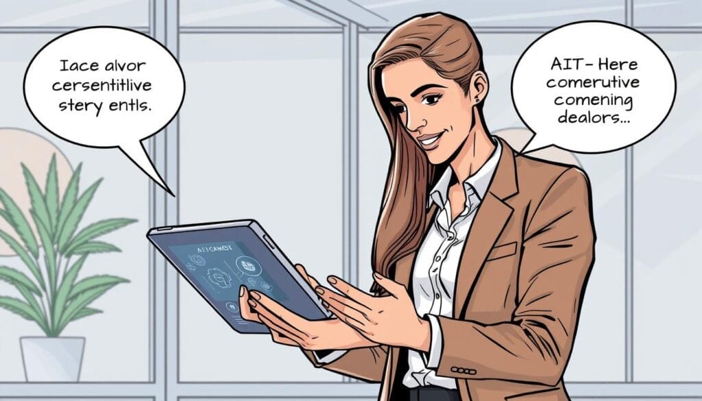 Generate an image of a sales representative using a tablet with AI-powered coaching interface