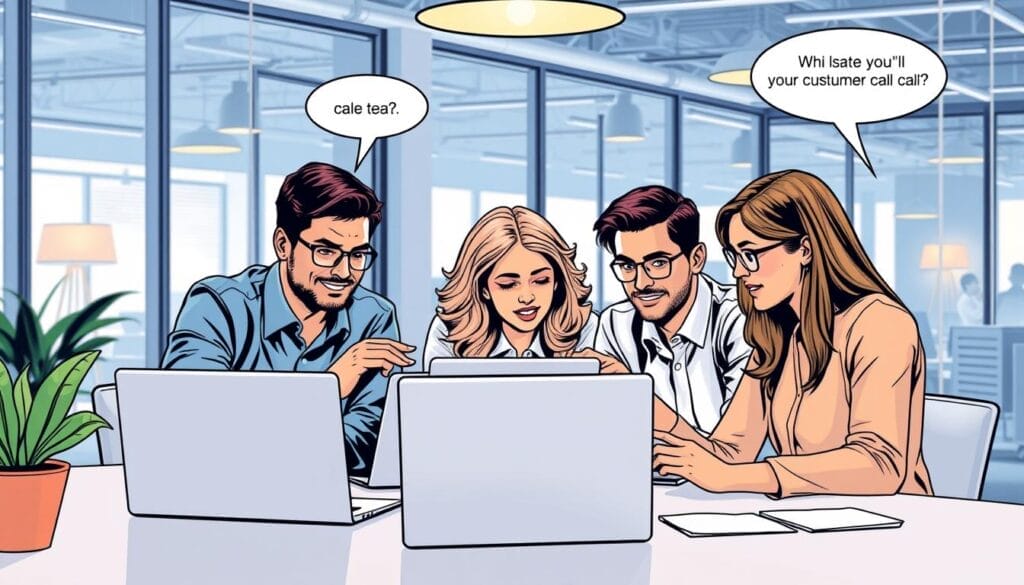 Generate an image of a sales team analyzing customer call data on their laptops.