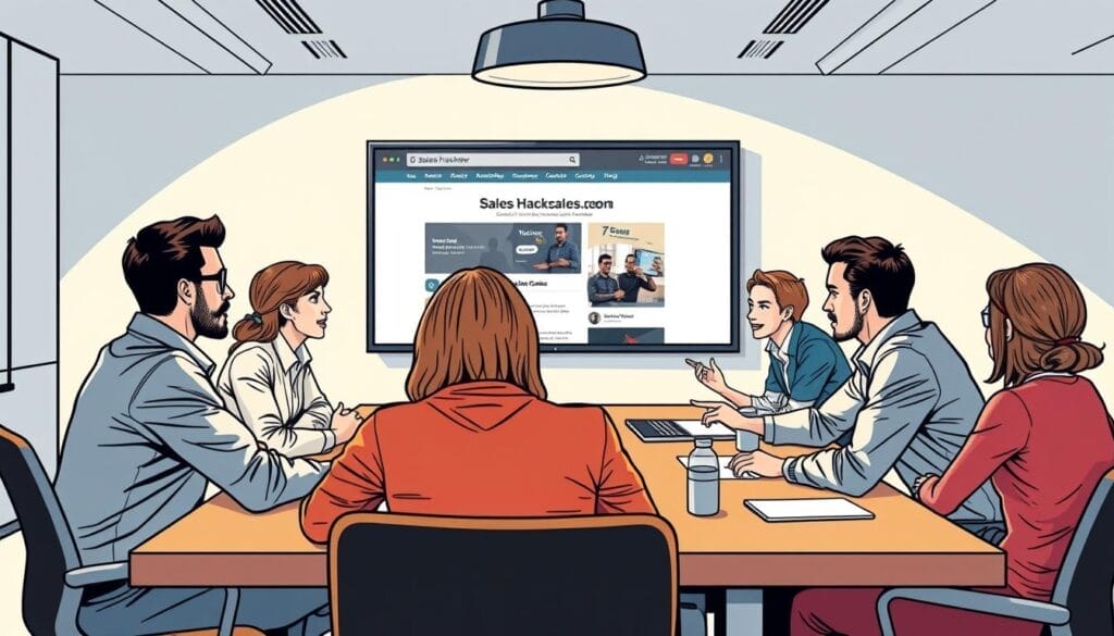 Generate an image of a sales team collaborating around a table with a Sales Hacker webpage open on a screen.