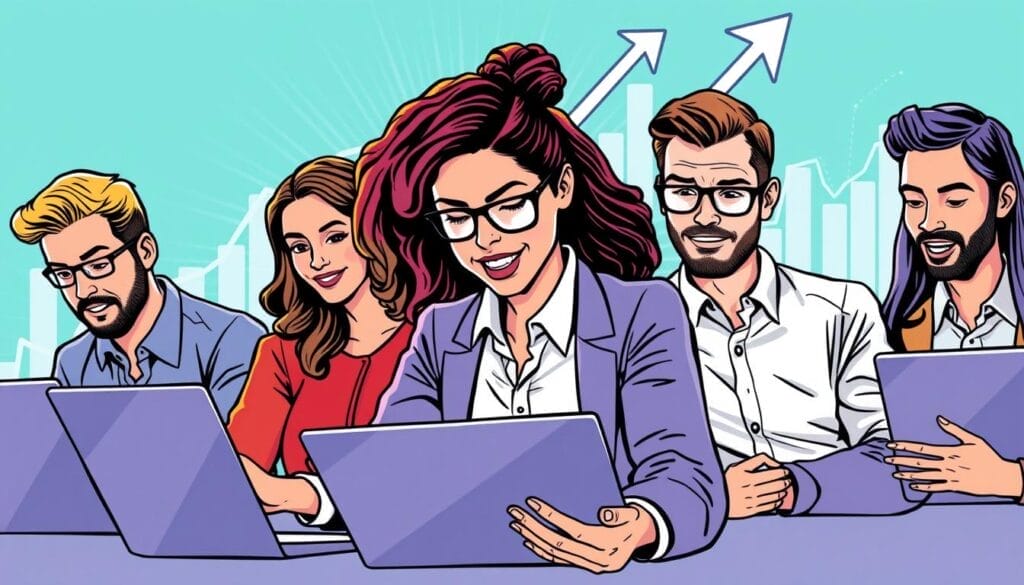 Generate an image of a sales team, diverse in age and gender, engaging with MindTickle on their laptops, with a subtle background of sales graphs and charts improving.