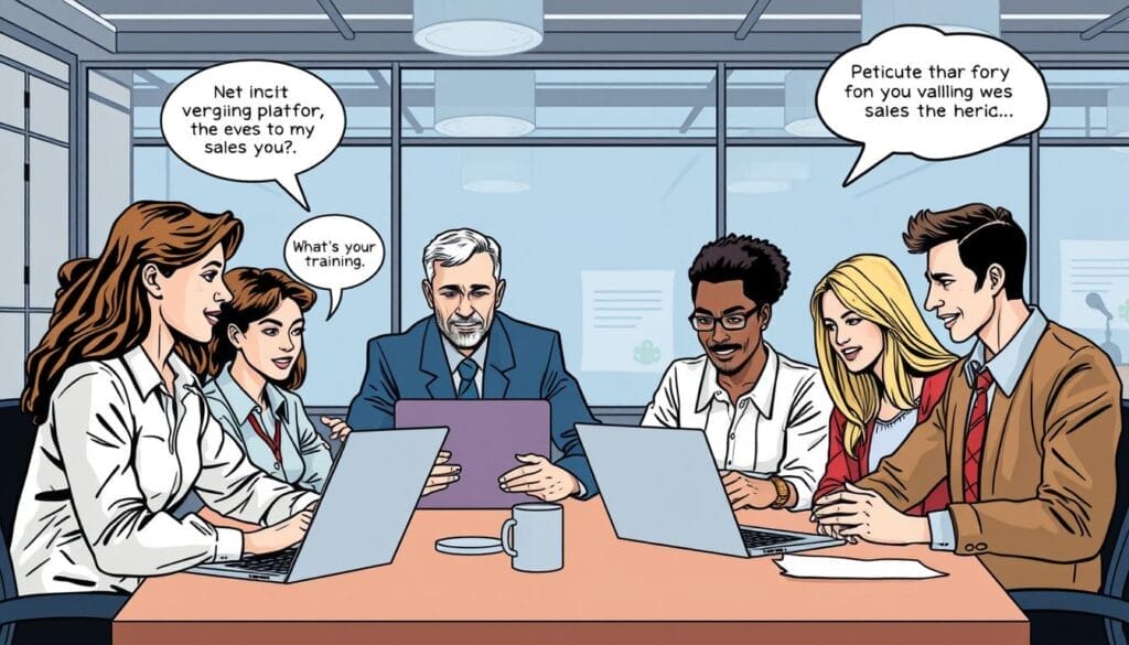Generate an image of a sales team engaging with a cloud-based training platform on their laptops.