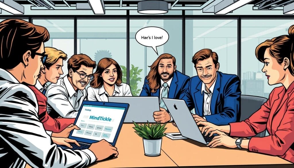Generate an image of a sales team training session using MindTickle on their laptops.