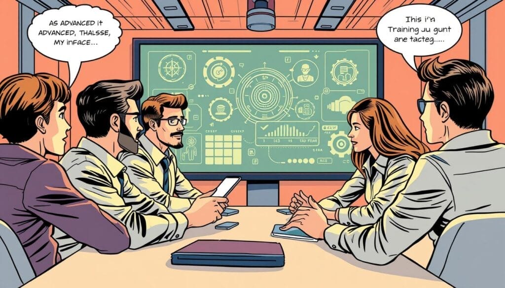 Generate an image of a sales team training session with a futuristic AI interface.