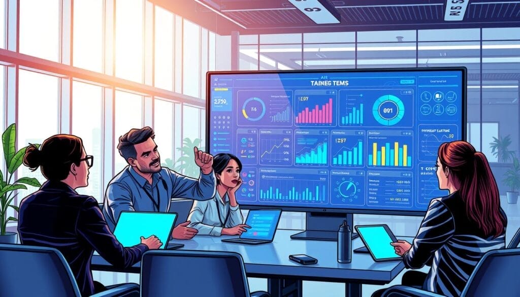Generate an image of a sales team training session with a futuristic AI-powered training platform interface