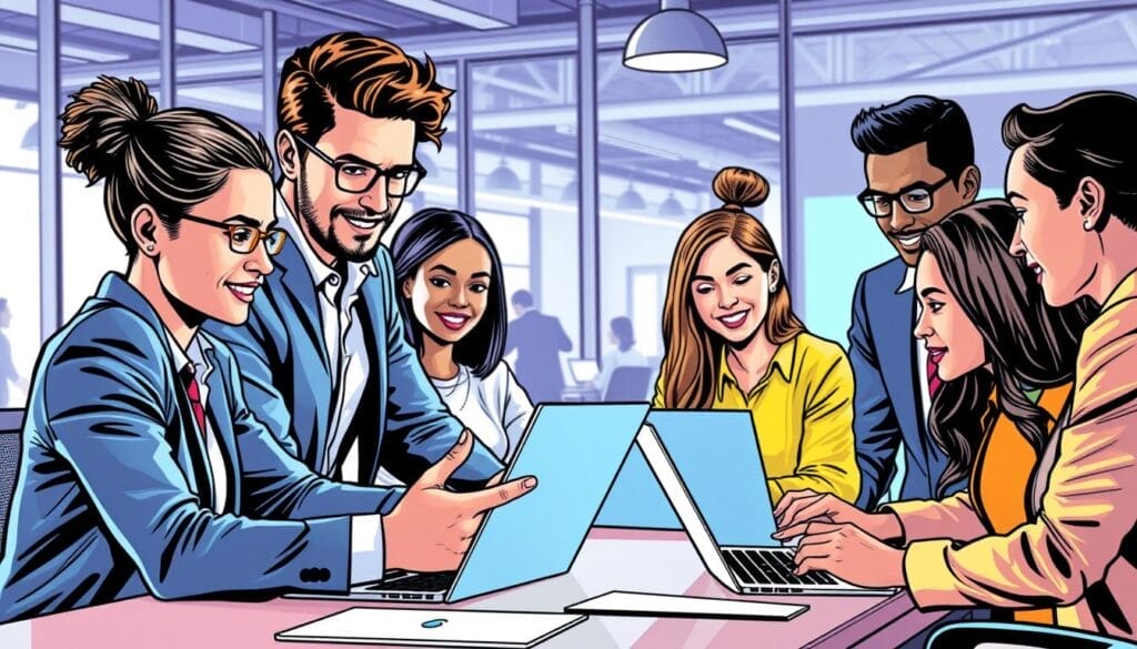 Generate an image of a sales team using AI-powered training tools on their laptops.